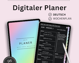 デジタルプランナードイツ語日付なし、iPadプランナー、ハイパーリンク付きウィークリープランナー、バレットジャーナル、GoodNotesカレンダー、2025プランナーレインボーダーク