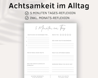5 Minute Diary, Mindfulness & Self-Development, Gratitude, Reflection and Self-Love, Manifestation Template, PDF Digital Download