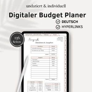 Pode incluir: Um modelo de planejador de orçamento digital para o mês de agosto. O modelo inclui seções para receitas, despesas, economias e um rastreador para metas mensais. O modelo está em alemão e inclui hiperlinks.