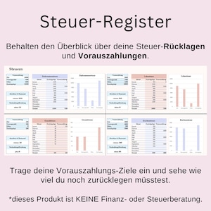 May include: A pink and white document titled "Steuer-Register" with several charts and German text. The document provides guidance on managing tax payments and pre-payments. The bottom of the document states that it is not financial advice.