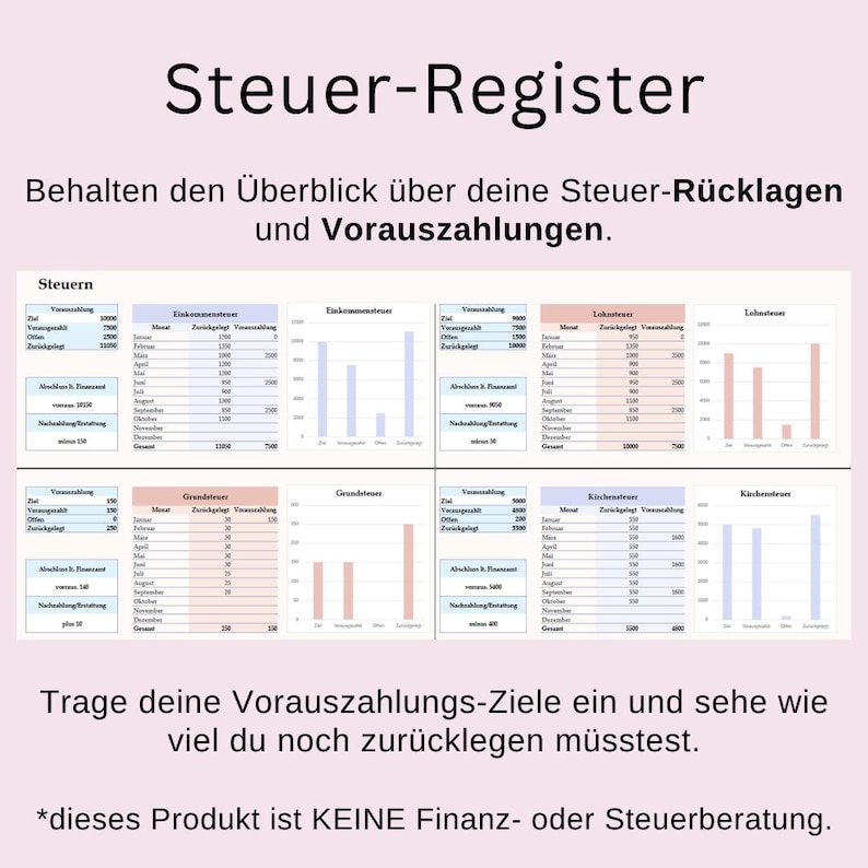 May include: A pink and white document titled "Steuer-Register" with several charts and German text. The document provides guidance on managing tax payments and pre-payments. The bottom of the document states that it is not financial advice.