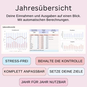 May include: A financial planning document with the title "Jahres&uuml;bersicht" and the text "Deine Einnahmen und Ausgaben auf einen Blick. Mit automatischen Berechnungen." The document includes charts, graphs, and text boxes with phrases like "Stress-Free" and "Keep Control."