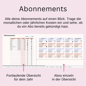 May include: A spreadsheet titled "Abonnements" with columns for dates, amounts, and subscription details. The text "Fortlaufende &Uuml;bersicht f&uuml;r dein Jahr" and "Abos einzeln in der &Uuml;bersicht" are also visible.