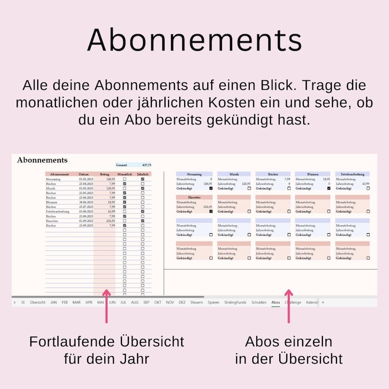 May include: A spreadsheet titled "Abonnements" with columns for dates, amounts, and subscription details. The text "Fortlaufende &Uuml;bersicht f&uuml;r dein Jahr" and "Abos einzeln in der &Uuml;bersicht" are also visible.