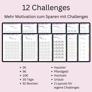May include: A printable set of 12 savings challenge trackers. The trackers are designed to help you save money for different goals, such as a vacation, a house, or a pet. The trackers include a variety of designs, including circles, squares, and paw prints. The trackers are labeled with the amount of money you should save each day, week, or month. The trackers are also labeled with the total amount of money you will save by the end of the challenge.