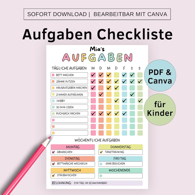 Routineplan für Kinder zum Ausdrucken und Bearbeiten in Canva, Aufgabeliste, Checkliste Kleinkinder Routine Tagesplan