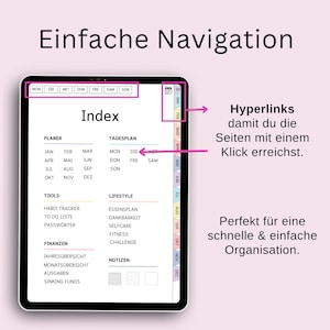 Pu&ograve; includere: Un planner digitale con un calendario mensile e una pagina di indice. La pagina di indice include sezioni per la pianificazione, gli strumenti, lo stile di vita e le finanze. Il calendario &egrave; una colonna verticale con ogni mese etichettato. Il planner &egrave; progettato per una facile navigazione con iperlink a diverse sezioni.