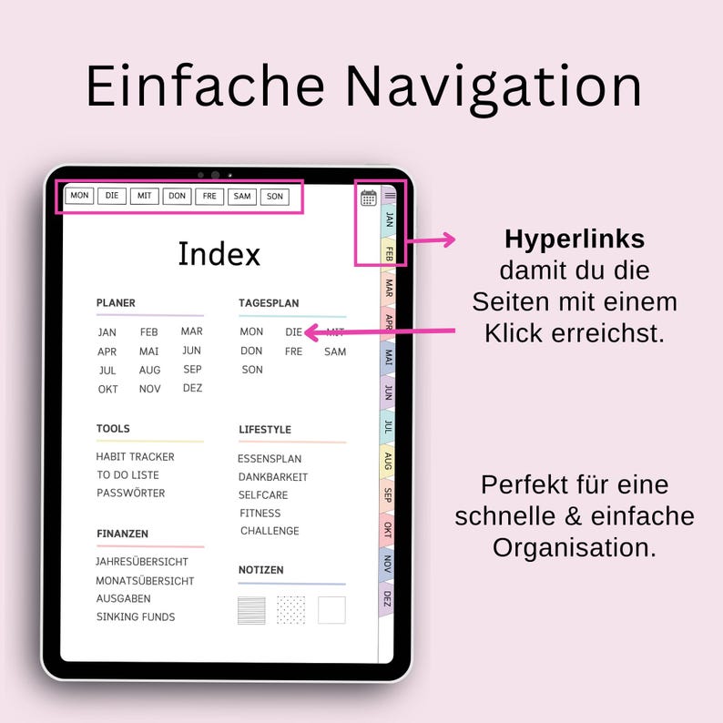 Pu&ograve; includere: Un planner digitale con un calendario mensile e una pagina di indice. La pagina di indice include sezioni per la pianificazione, gli strumenti, lo stile di vita e le finanze. Il calendario &egrave; una colonna verticale con ogni mese etichettato. Il planner &egrave; progettato per una facile navigazione con iperlink a diverse sezioni.
