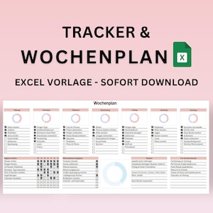 Könnte beinhalten: Eine digitale Wochenplan-Vorlage in einem sanften Rosa- und Weiß-Farbschema. Das Design umfasst Abschnitte für tägliche Aufgaben, Wochenziele und Notizen. Der Text "TRACKER & WOCHENPLAN" steht oben, darunter "EXCEL VORLAGE - SOFORT DOWNLOAD".