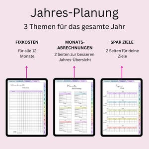May include: A digital planner with three sections: Fixed Costs, Monthly Billing, and Savings Goals. Each section has a grid layout with colorful headings and lines.