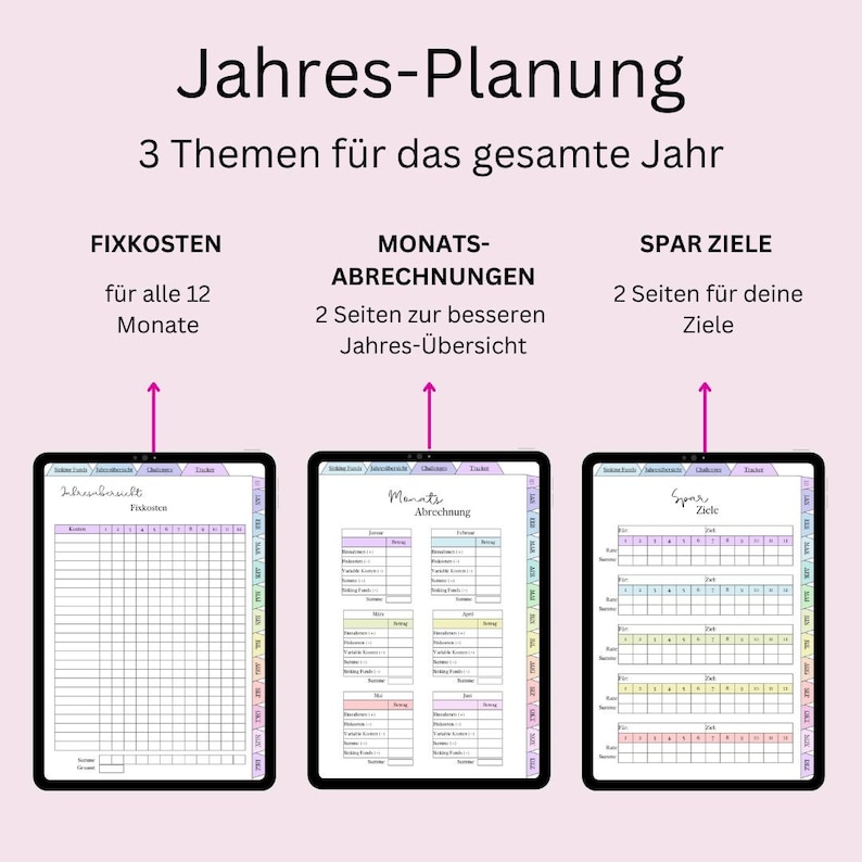 May include: A digital planner with three sections: Fixed Costs, Monthly Billing, and Savings Goals. Each section has a grid layout with colorful headings and lines.