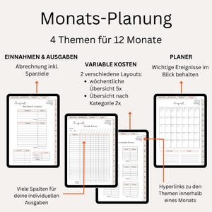 Pu&ograve; includere: Un modello di planner digitale per organizzare le spese mensili, i costi variabili e gli eventi importanti. Il modello include sezioni per entrate e uscite, costi variabili con due opzioni di layout, e un calendario per tenere traccia degli eventi. Il modello &egrave; progettato per l'uso con un tablet digitale.
