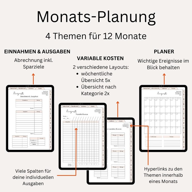 Pu&ograve; includere: Un modello di planner digitale per organizzare le spese mensili, i costi variabili e gli eventi importanti. Il modello include sezioni per entrate e uscite, costi variabili con due opzioni di layout, e un calendario per tenere traccia degli eventi. Il modello &egrave; progettato per l'uso con un tablet digitale.