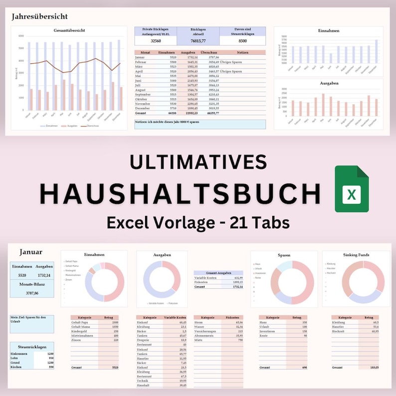 Haushaltsbuch Excel Vorlage Deutsch, Monatlicher Finanzplaner Digital, Budget Planer, Sinking Funds, Spar Challenge