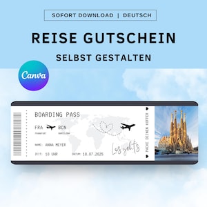 Bon de voyage, bon pour un modèle de voyage Canva, carte de bon de vacances courtes, cadeau petite amie, bon cadeau de carte d'embarquement PDF