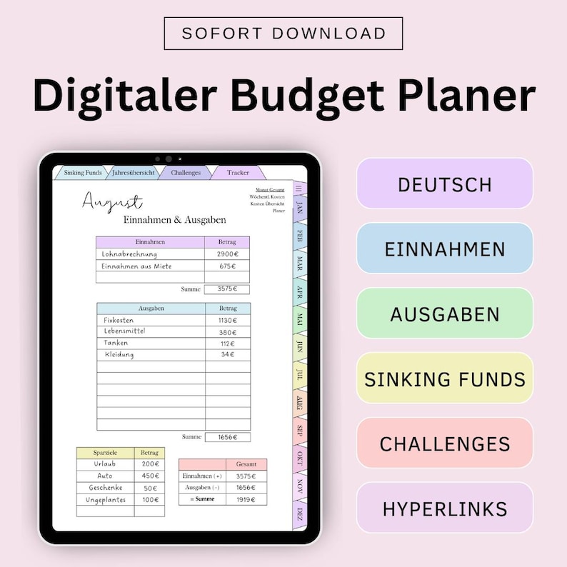 Digitaler Budget Planer Deutsch, Finanzplaner Goodnotes, Sinking Funds, Spar Challenges, Sparen, Ausgaben Tracker