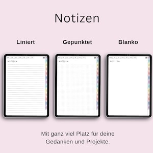 Pu&ograve; includere: Tre mockup di schermo tablet che mostrano diversi stili di pagina di quaderno: rigato, punteggiato e vuoto. Il testo "NOTIZEN" &egrave; in cima a ogni pagina. I testi "Liniert", "Gepunktet" e "Blanko" sono sotto i mockup. Il testo "Mit ganz viel Platz f&uuml;r deine Gedanken und Projekte." &egrave; in fondo all'immagine.