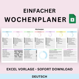Könnte beinhalten: Ein Wochenplaner-Vorlage in deutscher Sprache mit Tagesabschnitten und Checkboxen für Aufgaben. Der Titel "EINFACHER WOCHENPLANER" steht oben. Der Text "EXCEL VORLAGE - SOFORT DOWNLOAD" befindet sich am unteren Rand. Das Design ist übersichtlich und funktional.