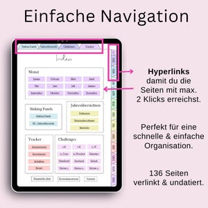 May include: A digital planner with a pink, blue, and yellow color scheme. The planner has a tabbed index with hyperlinks to different sections, including "Sinking Funds", "Jahres&uuml;bersichten", "Tracker", and "Challenges". The planner also includes a monthly calendar and a section for tracking expenses. The text "Hyperlinks damit du die Seiten mit max. 2 Klicks erreichst." is visible on the right side of the image. The text "136 Seiten verlinkt & undatiert." is visible at the bottom of the image.