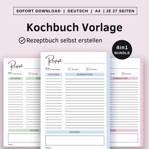Kookboek sjabloon voor afdrukken DIY, recepten sjabloon bundel, receptenkaart familie collectie, digitaal receptenblok DIY, PDF Duits
