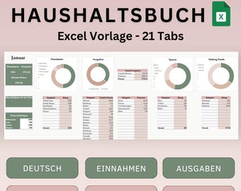 Household book Excel template, monthly financial planner, digital budget planner, Excel template, money saving challenge, budget planner German