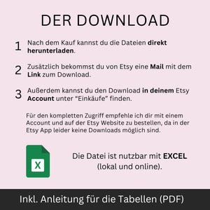 May include: A graphic with the title "DER DOWNLOAD" and numbered instructions on how to download files after purchase. Includes a green icon with an X and text indicating the file is usable with EXCEL.