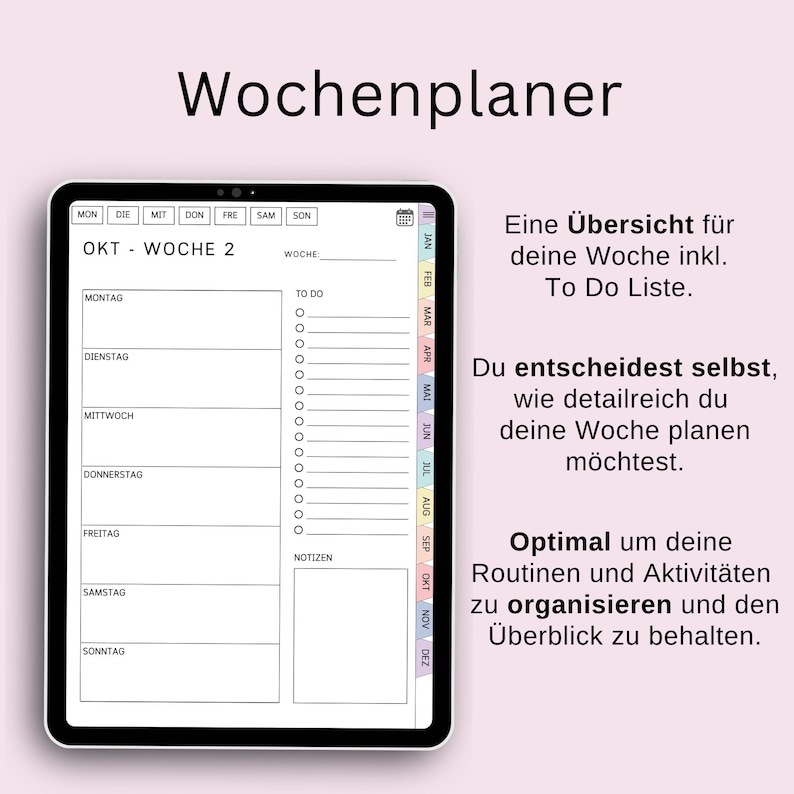 Pu&ograve; includere: Un planner settimanale con un calendario per l'anno, un elenco di cose da fare e spazio per i compiti quotidiani. Il planner &egrave; progettato per aiutarti a organizzare la tua settimana e tenere traccia del tuo programma.
