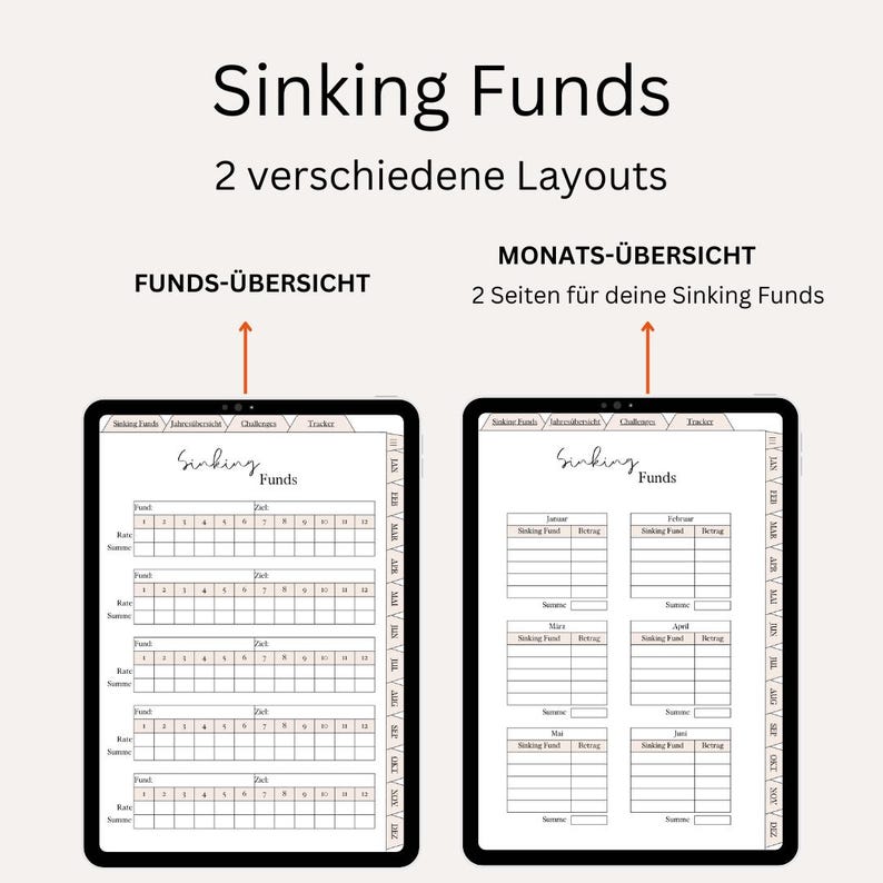 Pu&ograve; includere: Due layout diversi per un tracker di fondi di riserva. Il primo layout &egrave; una panoramica mensile con colonne per ogni mese dell'anno. Il secondo layout &egrave; una vista dettagliata con righe per ogni fondo e colonne per l'importo salvato ogni settimana. Entrambi i layout sono in bianco e nero con un colore di accento marrone chiaro.
