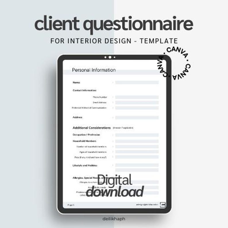 Interior Design CLIENT QUESTIONNAIRE Template Etsy