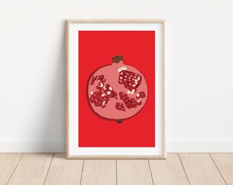 Impresión de arte digital de granada, ilustración de comida, arte de frutas moderno, fruta minimalista colorida para imprimir, arte de pared brillante, galería de pared, A4, A3