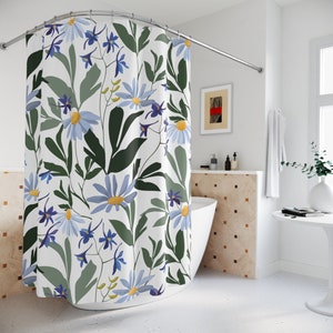 Blue Green Botanical Shower Curtain Wildflowers Cottagecore Shower Curtain Whimsical Bath Decor Floral Shower Curtain Botanical Bath Decor
