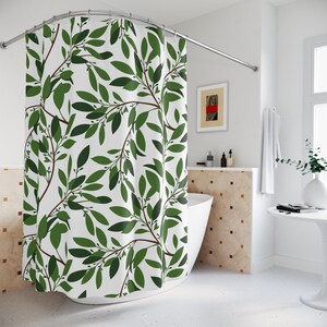 Green Leaves Shower Curtain Botanical Leaf Modern Fabric Bathroom Curtain Tropical Coastal Home Decor Bathroom Housewarming Gift Bath Decor