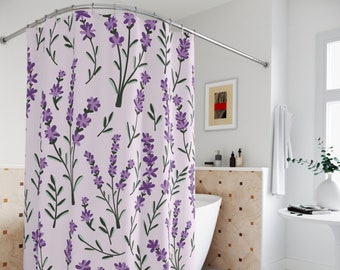 Lavender Shower Curtain, Lavender Bathroom Decor, Boho Shower Curtain, Botanical Floral Bath Curtain, Farmhouse Lake House Minimalist Decor