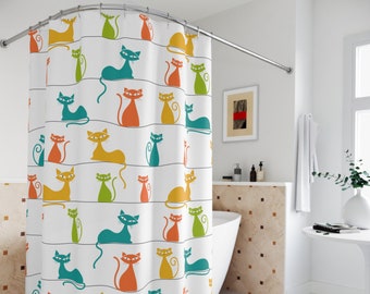 Atomic Cat shower curtain, Cat lover gift, Cat bathroom decor Cute shower curtain Cat mom gift Cat Boho Shower Curtain New Apartment Gift