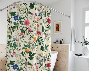 Botanical Shower Curtain Boho Floral Bath Curtain Cottagecore Shower Curtain Whimsical Bath Decor Floral Shower Curtain Boho Bathroom Decor