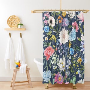 Blue Floral Shower Curtain Colorful Wildflowers Scandinavian Botanical Boho Vintage Bathroom Retro 60s 70s Midcentury Funky Maximalist Decor