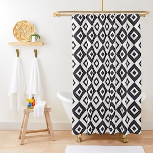 Black Geometric Art Shower Curtain Simple Minimalist Shower Curtain Black and White Shower Curtain Boho Chic Abstract Mid-Century Curtain