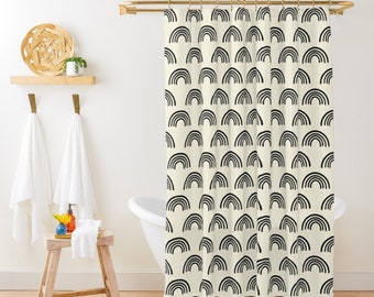 Boho Shower Curtain Retro Rainbows Mid Century Modern Cream and Black Shower Curtain Cute Abstract Shapes Vintage Bohemian Bathroom Decor