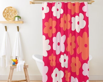 Retro Floral Shower Curtain Mid-Century Cute Daisy Flowers Shower Curtain New House Boho Shower Curtain Retro Bathroom Decor Pink Curtain