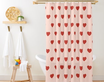 Red Hearts Valentines Shower Curtain, Retro Shower Curtain, Red Shower Curtain, Girly Bath Curtain, Kids Bathroom Decor, Cute Shower Curtain