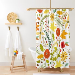 Fall Boho Shower Curtain, Autumn Shower Curtain, Rustic Flowers and Leaves Colorful Shower Curtain, Farmhouse Botanical Shower Stall Curtain