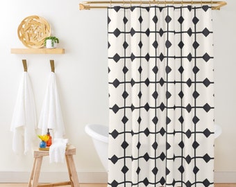 Boho Shower Curtain, Minimalist Mudcloth Pattern Black and Cream Bohemian Shower Curtain, Cool Shower Curtain, Mid Century Modern Bath Decor