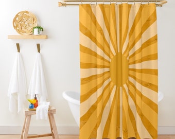 Retro Sunrays Shower Curtain, Sunrise Boho Shower Curtain, Mid Century Modern Shower Curtain, Yellow Bath Curtain, Minimalist Bathroom Decor