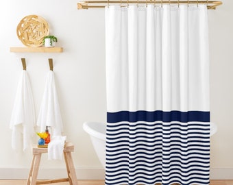 Minimalist Blue Shower Curtain, Beach House Shower Curtain, Simple Lakehouse Bathroom, Stripes Nautical Shower Curtain, Coastal Bath Decor