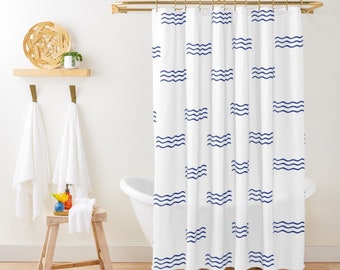 Ocean Waves Shower Curtain Cute Beach House Shower Curtain Lakehouse Decor Blue White Shower Curtain Coastal Minimalist Beach House Bathroom