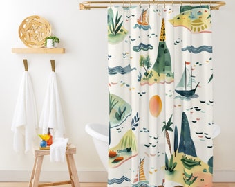 Beach House Shower Curtain, Coastal Shower Curtain, Nautical Bath Curtain, Coastal Bathroom Decor, Tropical Beach Island Hawaiian Bath Decor