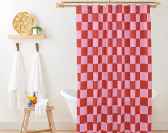 Retro Checkered Shower Curtain, Valentines Red Pink Checks Shower Curtain, Y2K Minimalist, 70s Retro Shower Curtain, Vintage Shower Curtain