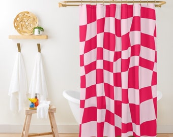 Pink Retro Shower Curtain, Valentines Checkered Pink Shower Curtain, Y2K Minimalist 70s Shower Curtain, Cute Vintage Shower Stall Curtain