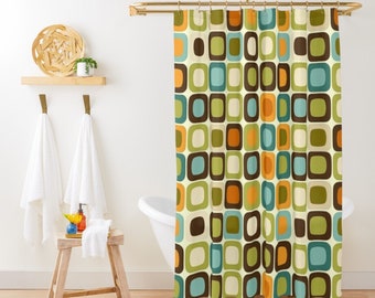 May include: A shower curtain with a retro geometric pattern featuring squares in shades of green, brown, blue, orange, and cream.