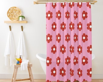 Retro Pink Floral Shower Curtain Boho Shower Curtain Red Daisy Shower Curtain Vintage 70s Valentines Bath Decor New Home Cute Bath Curtain